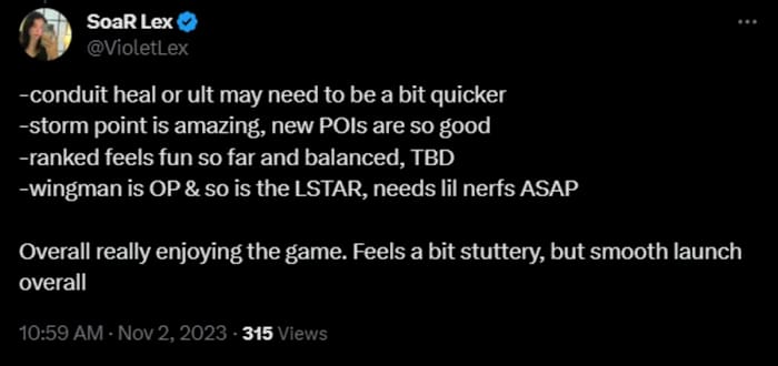 A comment on Twitter by SoaR Lex about the new season of Apex Legends.